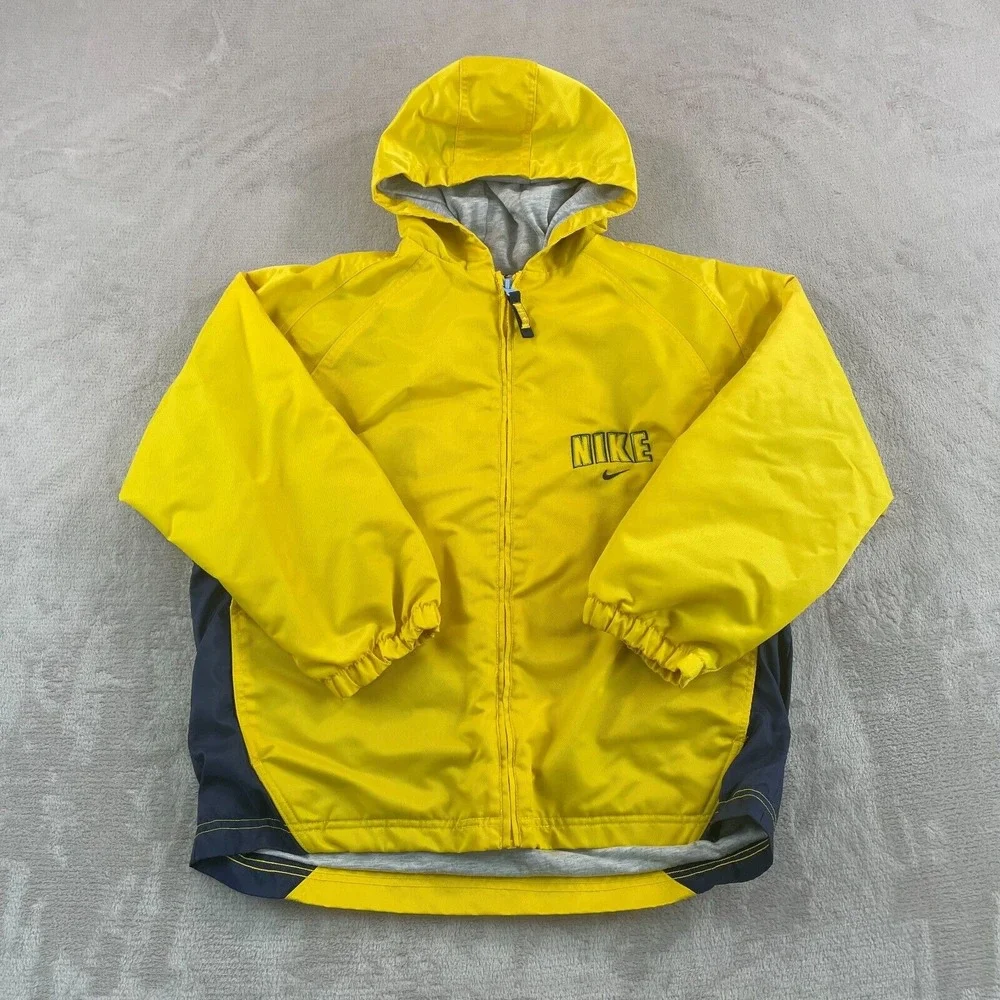 Vintage Nike Swoosh Jacket Youth Boys Medium 10-12 Yellow Fleece Lined FrontLogo